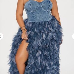 Denim Corset Dress with Feathered Skirt